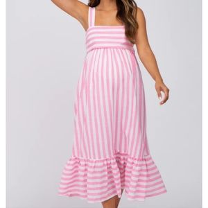 Pinkblush Entro Pink Striped‎ Empire Waist Ruffle Hem Maternity Midi Dress S